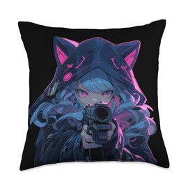 Cute Neko Anime Girl Assassin - Kawaii anime cat lover meow Throw Pillow