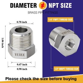 YUIEE 304 Stainless Steel Bushing,1/2" Male NPT to 1/4" Female NPT Reducer Pipe Fitting,Reducer Hex Bushing Hex Head Bushing 2 Pcs Bushing Reducer Pipe Fitting with Protective Case and Teflon Tape