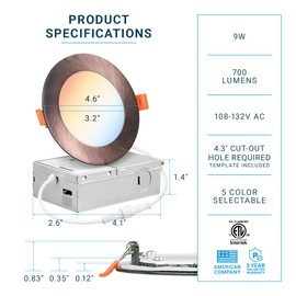 PARMIDA (6 Pack) 4 Inch 5CCT Ultra-Thin LED Recessed Lighting with J-Box, 2700K/3000K/3500K/4000K/5000K 5 Color Selectable, 9W, Dimmable, Canless Slim Panel Lights, ETL, Oil Rubbed Bronze Finish