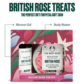 The Body Shop British Rose Treats Christmas Gift Set (Shower Gel 60ml + Body Butter 50ml), Festive Floral Duo with Rose Extract, Refreshing Cleanser & Velvety Moisturiser for Soft Skin, Vegan