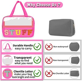 Bolsa de maquillaje transparente con letras de chenilla, bolsa de maquillaje preparada con asa, STUFF-Rosa