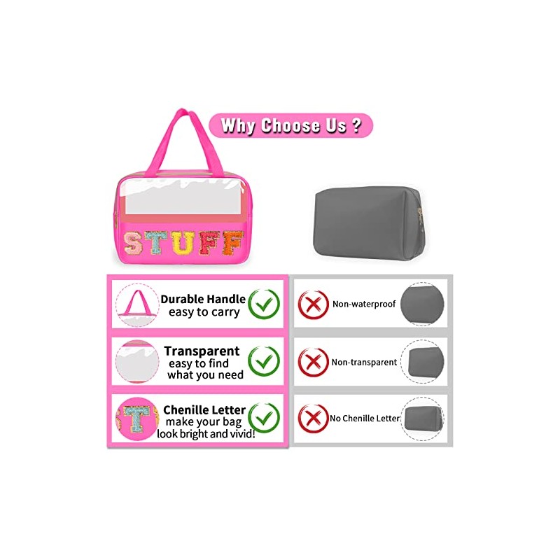 Bolsa de maquillaje transparente con letras de chenilla, bolsa de