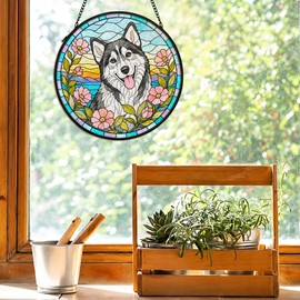 Husky Dog Flower Stained Glass Suncatcher Window Hanging Decor