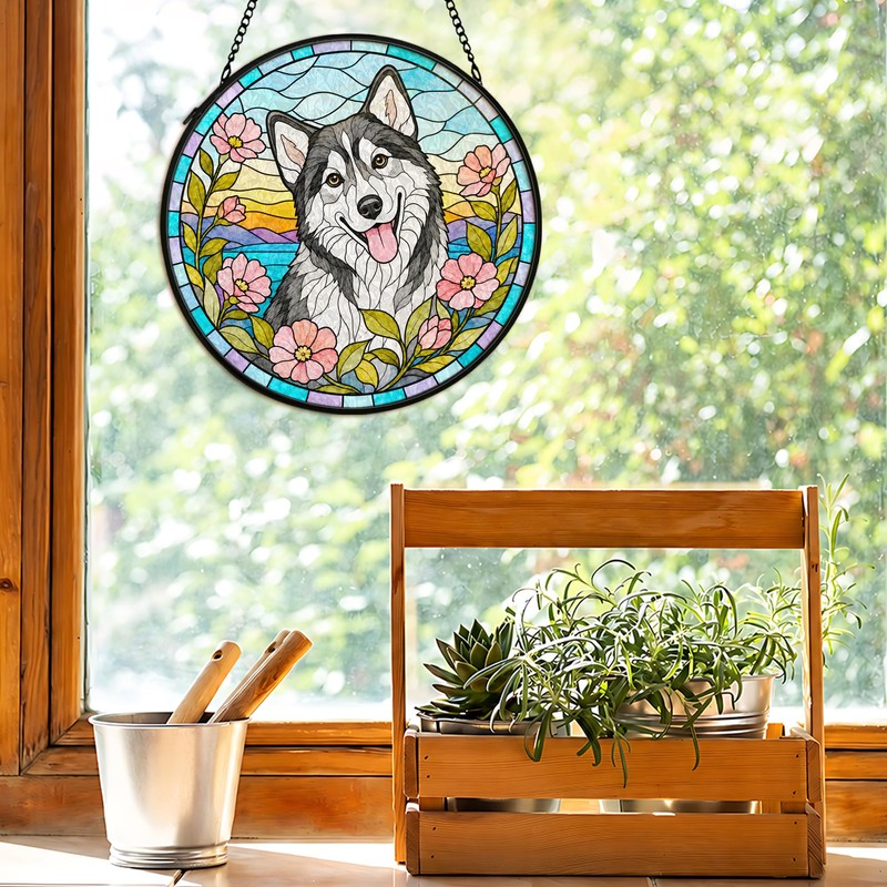 Husky Dog Flower Stained Glass Suncatcher Window Hanging Decor