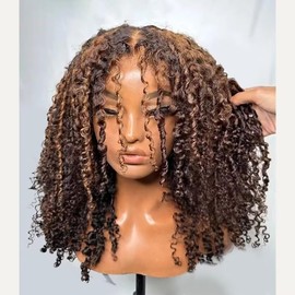 2/30 Ombre Brown Highlight Kinky Curly Human Hair Wigs with Curly Baby Hair 180% Density 13X4 HD Transparent Lace Front Wig Pre Plucked 4C Kinky Edges Brazilian Hair Glueless Wigs For Woman 14Inch