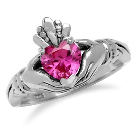 Silvershake 6MM Heart Shape Created Pink Tourmaline Irish Celtic Claddagh 925 Sterling Silver Friendship Ring October Gemstone Birthstone Size 7