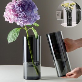 Acrylic Cylinder Plastic Vase for Centerpiece, Unbreakable Hurricane Tall Large Plastic Vases for Wedding, Hydroponic Decor Base Set of 2 with DIY Stickers (D 4" + D 4.8" X H 12" Dark Gray)