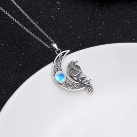 Flyow S925 Sterling Silver Moon Raven Pendant Necklace I Love You to the Moon and Back Necklace Crow Jewellery Gift for Women, Sterling Silver, Cubic Zirconia