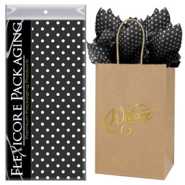 Flexicore Packaging Natural Brown Kraft Paper Welcome Bags & Black Gift Wrap Tissue Paper | Size: 5.25 Inch X 3.25 Inch X 8.25 Inch | Count: 50 Bags | Color: Black Polka Dot