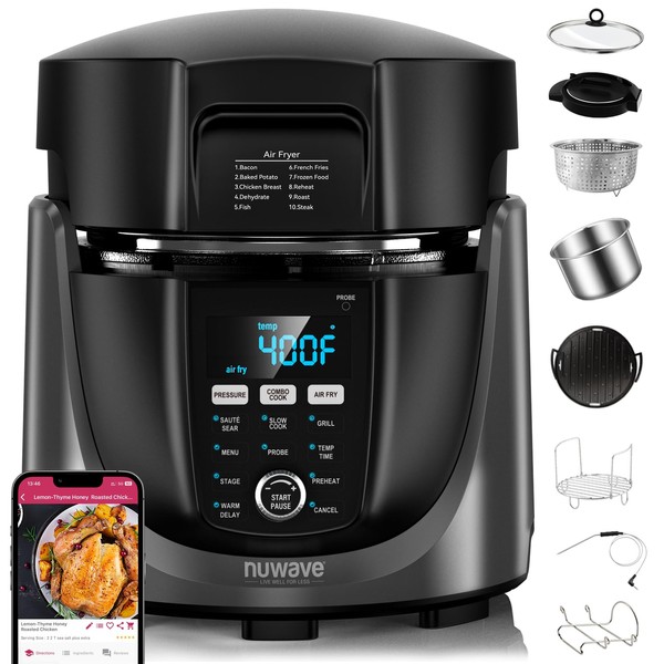 Nuwave Duet Electric Pressure Cooker & Air Fryer Combo, 450 IN 1 Slow Cooker & Grill with Integrated Digital Temp Probe, 6qt SS Pot, Adjustable High/Low Pressure, Built-in Sure-Lock Safety Tech