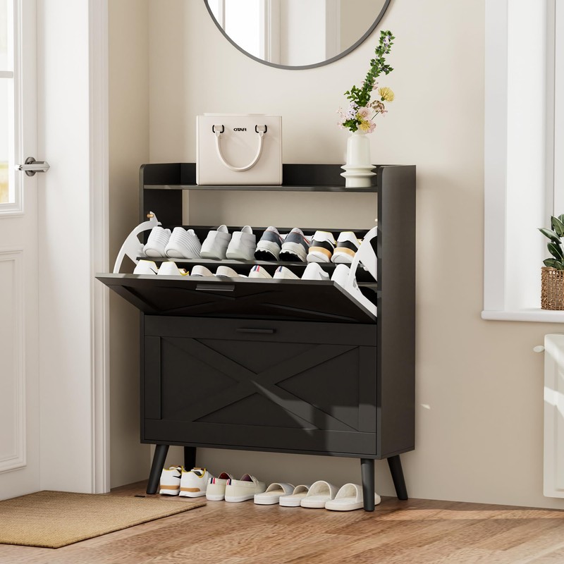 Homleke 32" W Farmhouse Shoe Storage Cabinet with 2 Flip