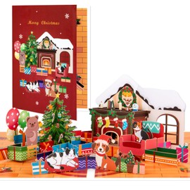Magic Ants 3D Pop-Up Christmas Card with Festive Scene, Fireplace, Christmas Tree, Gifts, and Cute Animals – Holiday Greeting Card for Family, Friends, and Loved Ones