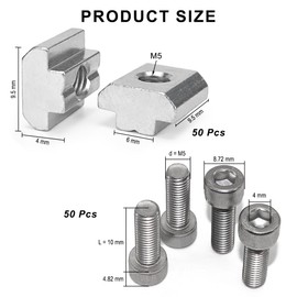 YOYEAH Pack of 50 T-Slot Nuts M5 Set, Carbon Steel T-Nut M5, T Slot Nuts M5 and Allen Screws Compatible with Aluminium Profiles