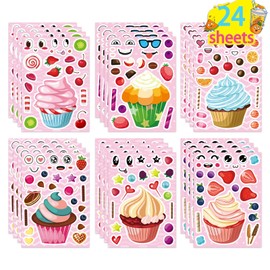 24 Sheets Make-a-face Cupcake Stickers Make Your Own Dessert Stickers Mix and Match Sweets and Fruit Treats Party Favor Supplies for Kids Ice Cream Sticker Games Birthday DIY Art Crafts