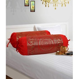 Stylo Culture Traditional Polydupion Cylindrical Hotdog Decorative Bolster Pillow Covers Red Mandala Jacquard Brocade Weave Large Settee Cylinder Cushion Covers (Set of 2) | 30x15 Inches (76x38 cm)