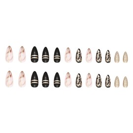 JUSTOTRY Pack of 24 Black Glue-On Nails, Short, Rose Gold Swirl Almond Press On Nails Pattern, Glossy Stiletto Artificial Nails, Fake Nails, Medium, French Fingernails, Artificial Nails for Women