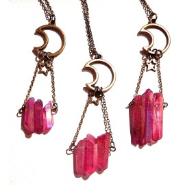 Unbranded CRESCENT MOON CRYSTAL PENDANT magenta fuchsia AB quartz gothic wicca necklace 1W