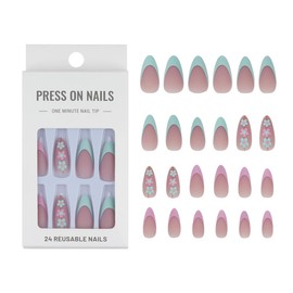 French Tip Press on Nails Medium Almond Fake Nails Press ons with Designs False Nails Full Cover Glue on Nails Acrylic Stick on Nails for Women Nails Manicure Decoration 24Pcs (Flower Matte, Medium)