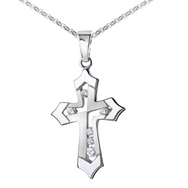 Materia 925 Silver Cross with Chain and Zirconia - Small Christian Pendant for Women Children with Box KA-117, Cubic Zirconia