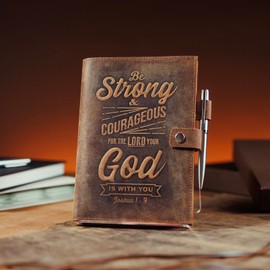 moonster Refillable Leather Journal Joshua 1:9 Bible Verse Embossed Journals with Pen – Milled A5 Leather Journal Lined Paper - Line Notebooks for Men – Leather Notebook with Pen Holder - 320 Pages