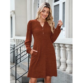 ZAFUL Women Fall Dresses 2025 Casual Long Sleeve Sweater Dress V Neck Knit Dress with Pockets Orange