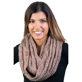 Funky Junque Women's Fluffy Knit Infinity Scarf – Warm Winter Cable Knitted Confetti Taupe Pattern Wrap