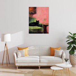 UCRAASDEB Framed Funny Black Cat with Martini Canvas Wall Art, Vintage Cocktail Art Bar Cart Wall Decor Cute Quirky Whimsical Painting Picture Print Decor for Dining Room Living Room 24'' x 16''