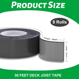 Felizshop Joist Tape for Decking, 2" x 50' Butyl Deck Tape Waterproof Seal and Weather Resistance Self-Adhesive Flashing Tape,Anti-Corrosion for Wood Joists and Beams-Black (8 Roll)