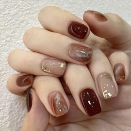 Extra Short Press On Nails - Square Amber Tint Glue On Golden Glitter False Nails - Caramel Glossy Acrylic Stick Ons - 24 Pcs