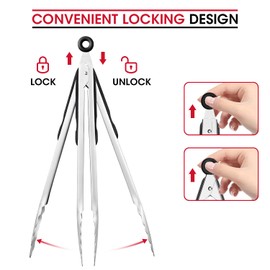 Unicook Grill Tongs, Premium Stainless Steel Kitchen Cooking Tongs, Locking Food Tongs with Non-Slip Silicone Grip, Great for Grilling, Cooking and Serving, 9" and 12", Set of 2