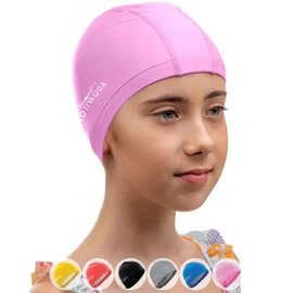 AqtivAqua Girls Swimming Caps for Kids Swim Cap Kids Girls Boys Youth Hat (Pink color, Kids size)