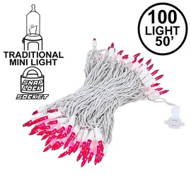 Novelty Lights 100 Light Pink Christmas Mini Light Set, White Wire, 50' Long