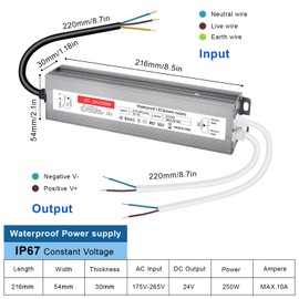 LED Transformer 24 V 10 A, IP67 Waterproof LED Transformer 24 V 250 W, Transformer 230 V to 24 V 250 W, Power Supply 24 V for G4 GU5.3 MR11 MR16, Not Dimmable, No Flicker, No Noise