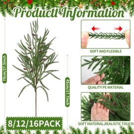 Palonu 12 PCS 28 Inches Christmas Norfolk Pine Branches with Pinecone, Artificial Pine Branches Faux Greenery Pine Stems, Fake Norfolk Picks for Vase Garland Wreath Xmas Indoor Home Decor