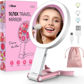 LitBear - Espejo de maquillaje de viaje con luces, recargable de doble cara 10 x / 1 x espejo de aumento, espejo de belleza iluminado portátil, iluminación de 3 colores, visualización táctil
