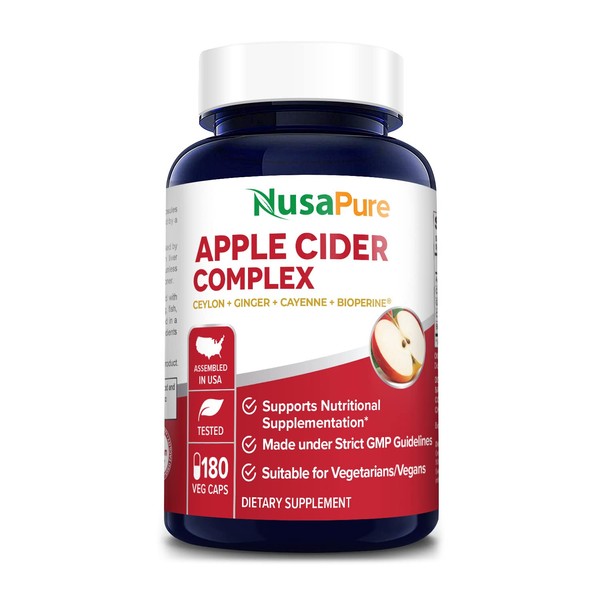 NusaPure Apple Cider Vinegar Complex - 180 Veggie Caps - Organic ACV and Ceylon Cinnamon, Organic Ginger, Bioperine & Organic Cayenne Pepper