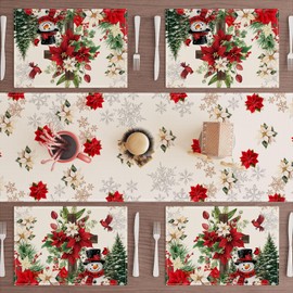 XCHI Snowman Poinsettia Christmas Winter Cross Xmas Placemats Set of 4 Table Mats for Party Home Kitchen Dining Table Decorations 12x18 Inch