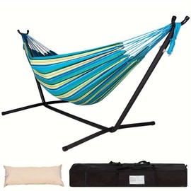 450-Pound Capacity Double Hammock Set - Relaxing Space Saver with Durable Steel Stand, Portable Carrying Case, and Plush Head Pillow for Ultimate Comfort - Color: Blue+Green+Yellow