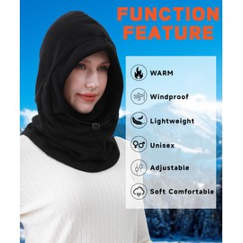 Fleece Balaclava Ski Mask Winter Face Mask for Women Men Thermal Hooded Scarf Face Cover for Cold Weather Black