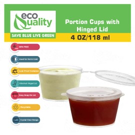 EcoQuality 4 Oz Leak Proof Portion Cups with Lids - Plastic Condiment Souffle Containers with Attached Hinged Lid - Perfect for Sauce Cup, Sample Cup, Slime Cup, Jello Shot Cups with Lids, Food Storage (1000)