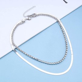 Andelaisi Boho Layered Tennis Chain Necklace Choker Silver Rhinestone Tennis Choker Necklace Flat Herringbone Snake Chain Necklace Vintage Snake Chain Collar Necklace Jewelry for Women and Girls