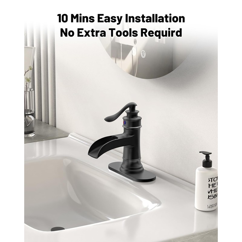 BATHLAVISH Matte Black Waterfall Bathroom Faucet, Single Handle Bathroom Sink