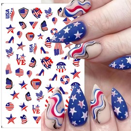 4th of July Nail Stickers Independence Day Patriotic Nail Art Stickers 3D Self-Adhesive American Flag Flame Stars Letters Heart Stars Nails Design Nails Sticker for Memorial Day Nail Decoration 8Pcs