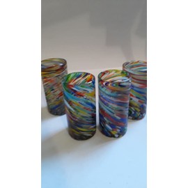 4 Large Hand blown Mexican Glasses, Colorful Swirl Confetti Tumblers 6.5" x 3" Beautiful Detail