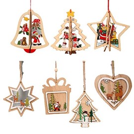 7PCS Christmas Hanging Wooden Ornaments for Christmas Tree, 3D Crafts Hollowed Embellishments Christmas Tree Decorations Indoors Home Party Supplies