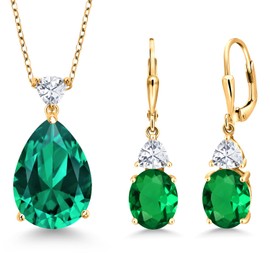 Gem Stone King 18K Yellow Gold Plated Silver Green Nano Emerald and White Moissanite Pendant Earrings Jewelry Set For Women (14.66 Cttw, Pear Shape 18X13MM, with 18 Inch Chain)