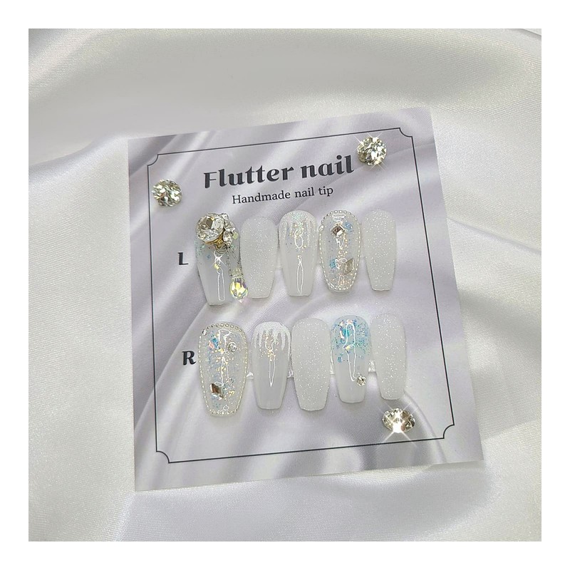 Pure white snow white glitter dangle parts handmade nail tip❄