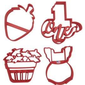 Cortador de galletas de fresas con cesta y número uno, para baby girl shower Sprinkle Bienvenido a casa, fiesta de cumpleaños de un año, bebé con bayas de cuarto de galleta y overol (paquete de 4)