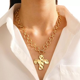 TONLUYAX 18k Gold Chunky Cross Necklace for Women Hammered Cross Choker Necklaces Bold Statement Necklace Trendy Jewelry