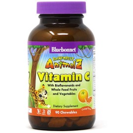 Bluebonnet Nutrition Rainforest Animalz Vitamin C Animal Shape Chewable Tablets, 250mg of Vitamin C, Soy-Free, Gluten-Free, Kosher Certified, Dairy-Free, Vegan, 90 Tablets, 45 Servings, Orange Flavor